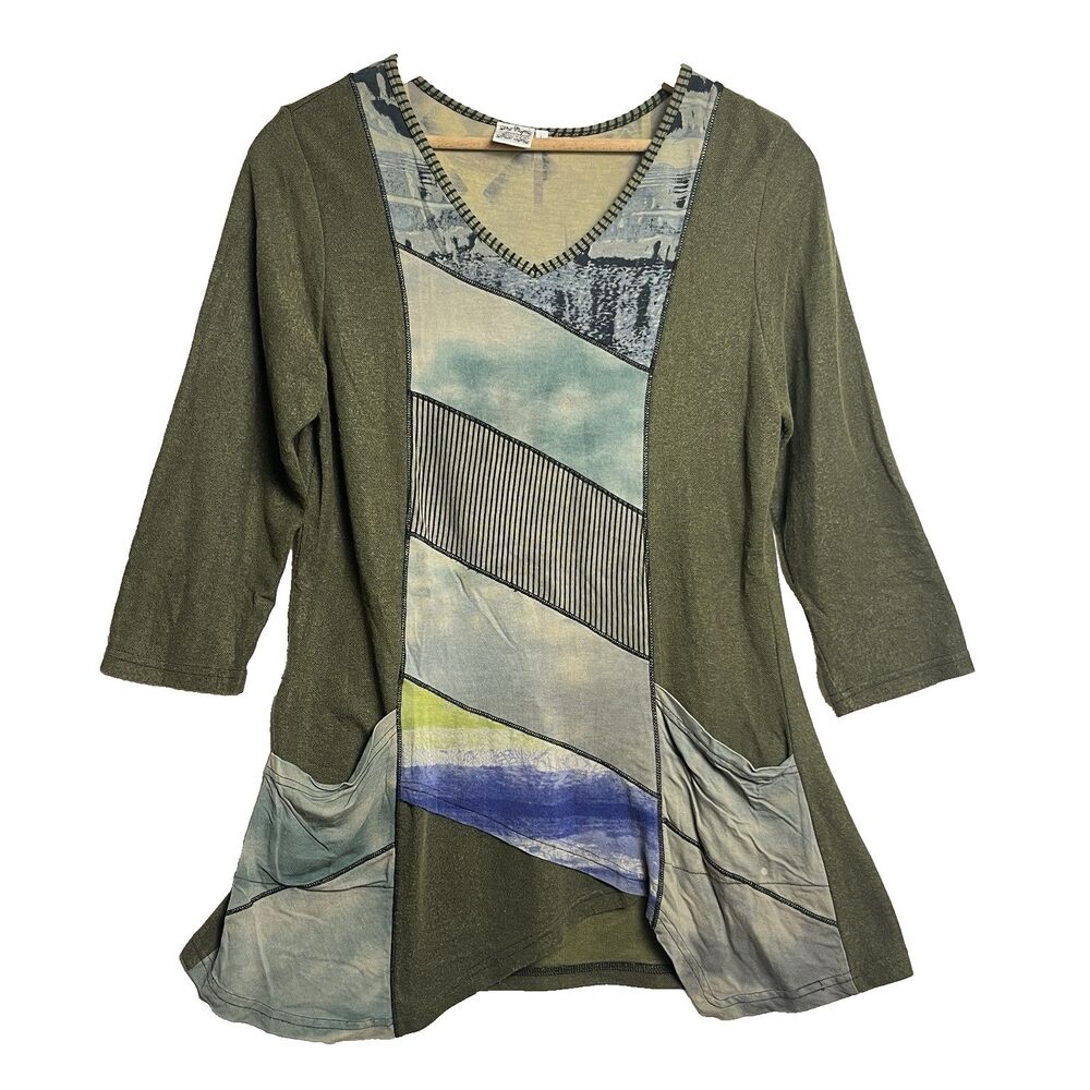 Parsley & Sage Women's Boho Patchwork Art to Wear Lagenlook Dress Large Green